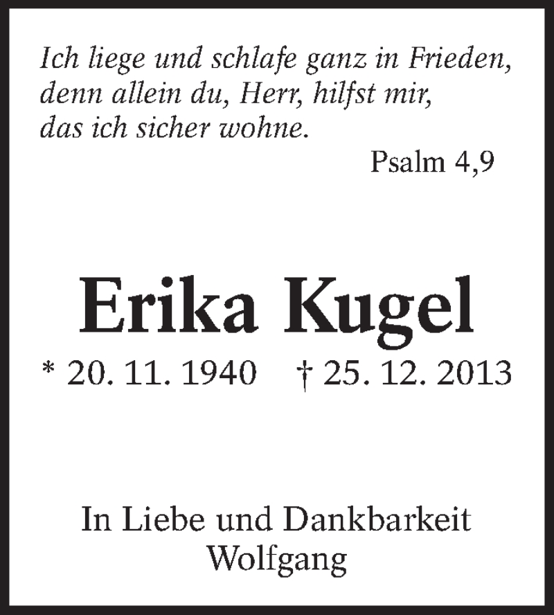 Traueranzeige für Erika Kugel vom 24.12.2019 aus Eßlinger Zeitung/Cannstatter Zeitung