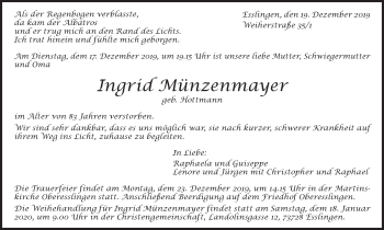 Traueranzeige von Ingrid Münzenmayer von Eßlinger Zeitung/Cannstatter Zeitung