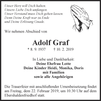 Traueranzeige von Adolf Graf von Eßlinger Zeitung/Cannstatter Zeitung