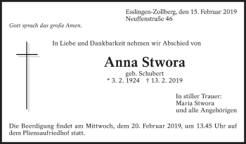 Traueranzeige von Anna Stwora von Eßlinger Zeitung/Cannstatter Zeitung