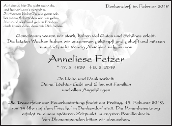 Traueranzeige von Anneliese Fetzer von Eßlinger Zeitung/Cannstatter Zeitung
