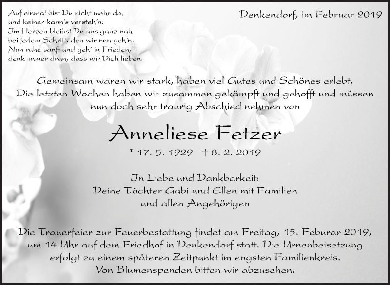  Traueranzeige für Anneliese Fetzer vom 13.02.2019 aus Eßlinger Zeitung/Cannstatter Zeitung