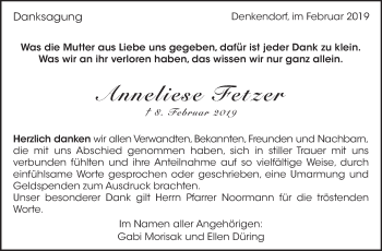 Traueranzeige von Anneliese Fetzer von Eßlinger Zeitung/Cannstatter Zeitung