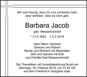 Traueranzeige von Barbara Jacob von Eßlinger Zeitung/Cannstatter Zeitung