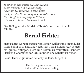 Traueranzeige von Bernd Fichter von Eßlinger Zeitung/Cannstatter Zeitung