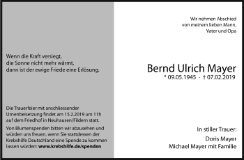 Traueranzeige von Bernd Ulrich Mayer von Eßlinger Zeitung/Cannstatter Zeitung
