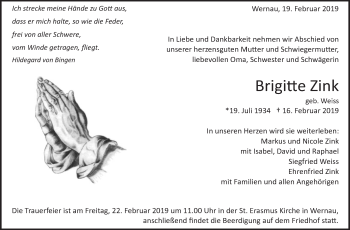 Traueranzeige von Brigitte Zink von Eßlinger Zeitung/Cannstatter Zeitung