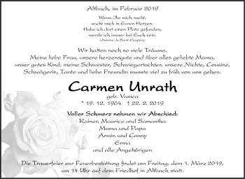 Traueranzeige von Carmen Unrath von Eßlinger Zeitung/Cannstatter Zeitung