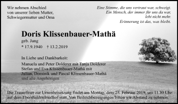 Traueranzeige von Doris Klissenbauer-Mathä von Eßlinger Zeitung/Cannstatter Zeitung
