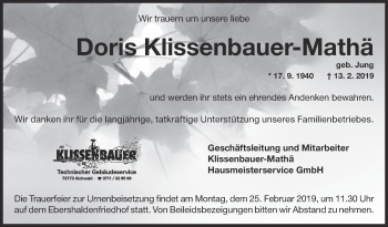 Traueranzeige von Doris Klissenbauer-Mathä von Eßlinger Zeitung/Cannstatter Zeitung