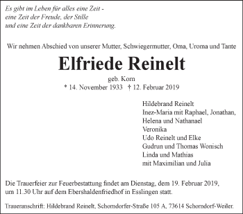 Traueranzeige von Elfriede Reinelt von Eßlinger Zeitung/Cannstatter Zeitung