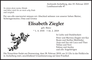 Traueranzeige von Elisabeth Ziegler von Eßlinger Zeitung/Cannstatter Zeitung