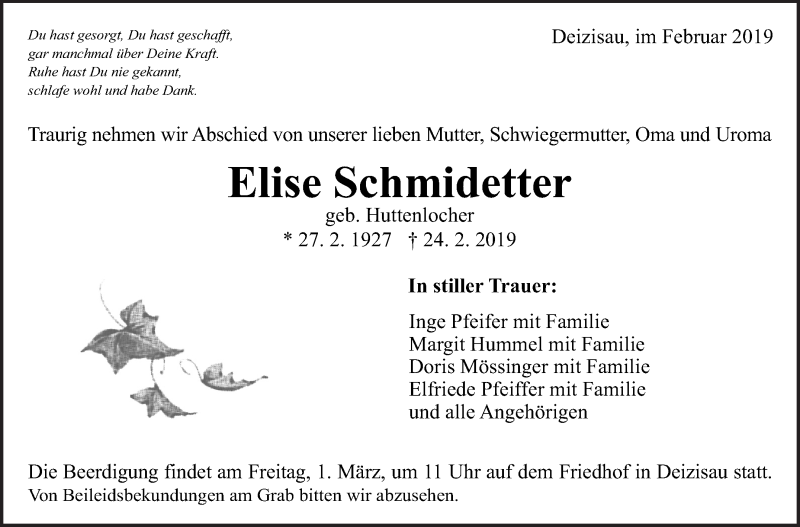  Traueranzeige für Elise Schmidetter vom 27.02.2019 aus Eßlinger Zeitung/Cannstatter Zeitung