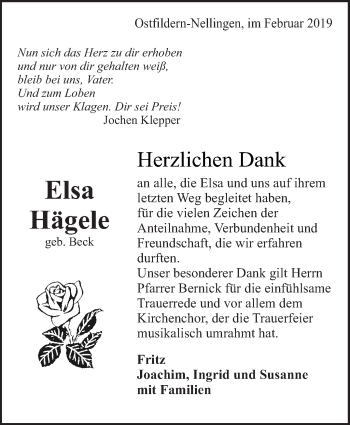 Traueranzeige von Elsa Hägele von Eßlinger Zeitung/Cannstatter Zeitung
