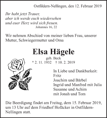 Traueranzeige von Elsa Hägele von Eßlinger Zeitung/Cannstatter Zeitung