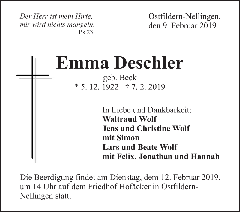  Traueranzeige für Emma Deschler vom 09.02.2019 aus Eßlinger Zeitung/Cannstatter Zeitung
