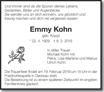 Traueranzeige von Emmy Kohn von Eßlinger Zeitung/Cannstatter Zeitung