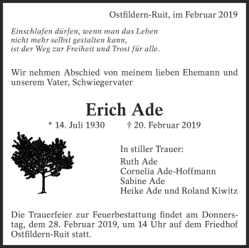 Traueranzeige von Erich Ade von Eßlinger Zeitung/Cannstatter Zeitung