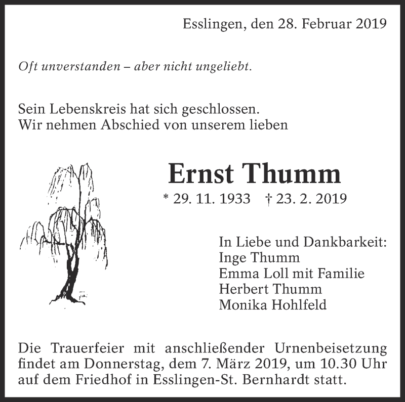  Traueranzeige für Ernst Thumm vom 28.02.2019 aus Eßlinger Zeitung/Cannstatter Zeitung