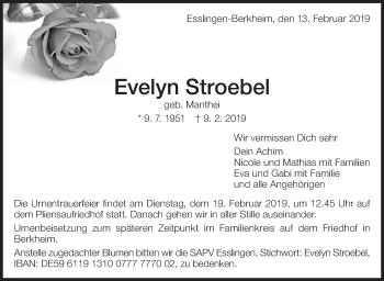 Traueranzeige von Evelyn Stroebel von Eßlinger Zeitung/Cannstatter Zeitung