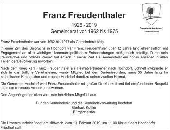 Traueranzeige von Franz Freudenthaler von Eßlinger Zeitung/Cannstatter Zeitung