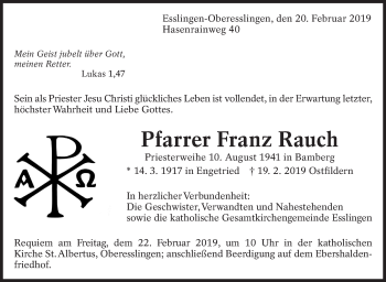 Traueranzeige von Franz Rauch von Eßlinger Zeitung/Cannstatter Zeitung