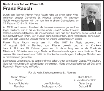 Traueranzeige von Franz Rauch von Eßlinger Zeitung/Cannstatter Zeitung