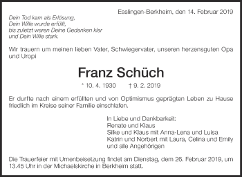 Traueranzeige von Franz Schüch von Eßlinger Zeitung/Cannstatter Zeitung