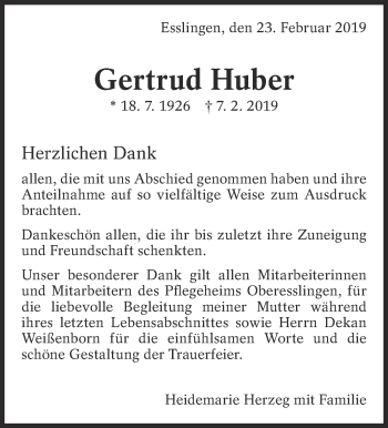 Traueranzeige von Gertrud Huber von Eßlinger Zeitung/Cannstatter Zeitung