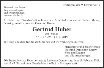 Traueranzeige von Gertrud Huber von Eßlinger Zeitung/Cannstatter Zeitung