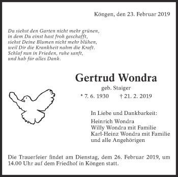 Traueranzeige von Gertrud Wondra von Eßlinger Zeitung/Cannstatter Zeitung