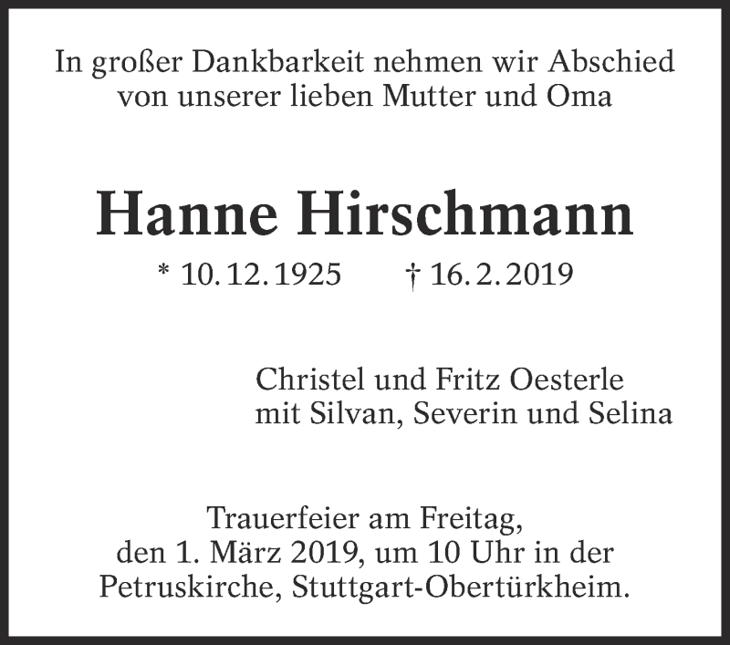  Traueranzeige für Hanne Hirschmann vom 26.02.2019 aus Eßlinger Zeitung/Cannstatter Zeitung