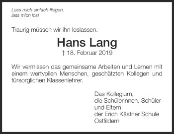 Traueranzeige von Hans Lang von Eßlinger Zeitung/Cannstatter Zeitung
