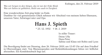 Traueranzeige von Hans J. Spieth von Eßlinger Zeitung/Cannstatter Zeitung