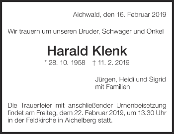 Traueranzeige von Harald Klenk von Eßlinger Zeitung/Cannstatter Zeitung