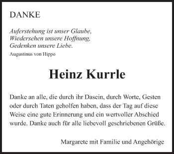 Traueranzeige von Heinz Kurrle von Eßlinger Zeitung/Cannstatter Zeitung