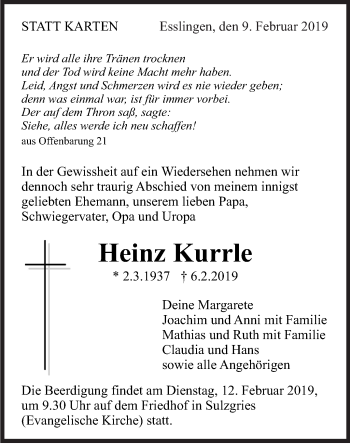 Traueranzeige von Heinz Kurrle von Eßlinger Zeitung/Cannstatter Zeitung