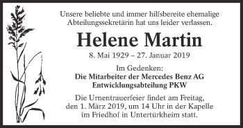 Traueranzeige von Helene Martin von Eßlinger Zeitung/Cannstatter Zeitung
