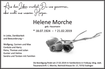 Traueranzeige von Helene Morche von Eßlinger Zeitung/Cannstatter Zeitung