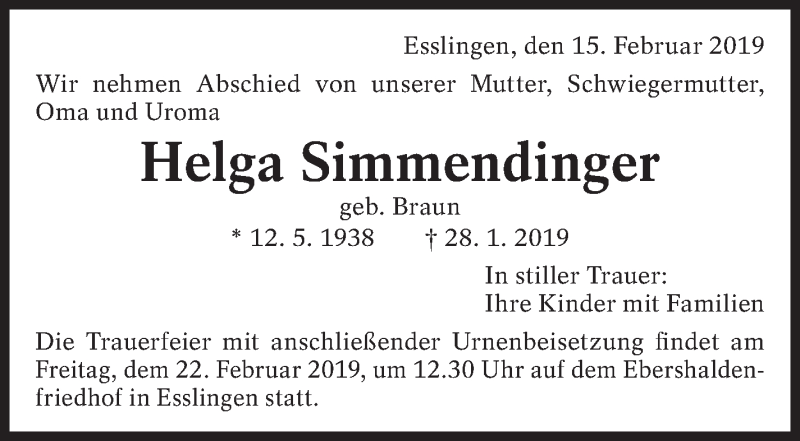  Traueranzeige für Helga Simmendinger vom 15.02.2019 aus Eßlinger Zeitung/Cannstatter Zeitung