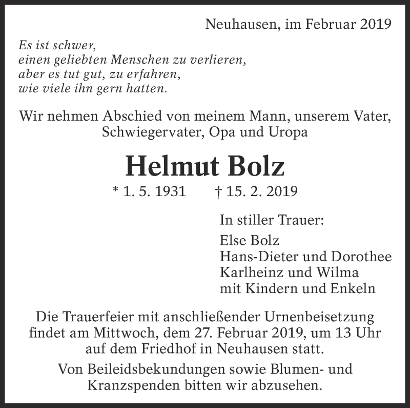 Traueranzeige für Helmut Bolz vom 25.02.2019 aus Eßlinger Zeitung/Cannstatter Zeitung