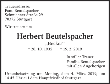 Traueranzeige von Herbert Beutelspacher von Eßlinger Zeitung/Cannstatter Zeitung