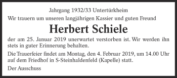 Traueranzeige von Herbert Schiele von Eßlinger Zeitung/Cannstatter Zeitung