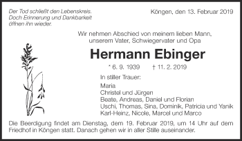 Traueranzeige von Hermann Ebinger von Eßlinger Zeitung/Cannstatter Zeitung
