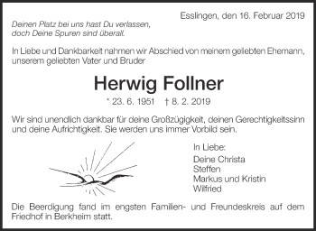 Traueranzeige von Herwig Follner von Eßlinger Zeitung/Cannstatter Zeitung