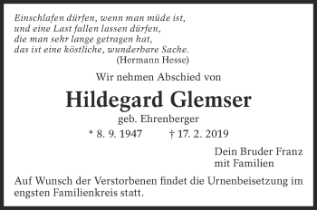 Traueranzeige von Hildegard Glemser von Eßlinger Zeitung/Cannstatter Zeitung