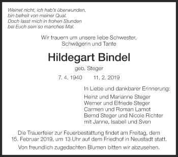Traueranzeige von Hildegart Bindel von Eßlinger Zeitung/Cannstatter Zeitung