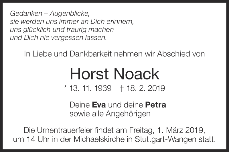  Traueranzeige für Horst Noack vom 23.02.2019 aus Eßlinger Zeitung/Cannstatter Zeitung