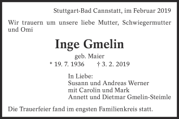 Traueranzeige von Inge Gmelin von Eßlinger Zeitung/Cannstatter Zeitung