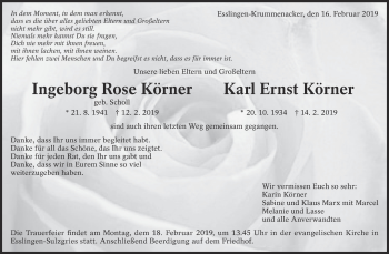 Traueranzeige von Ingeborg Rose Körner von Eßlinger Zeitung/Cannstatter Zeitung